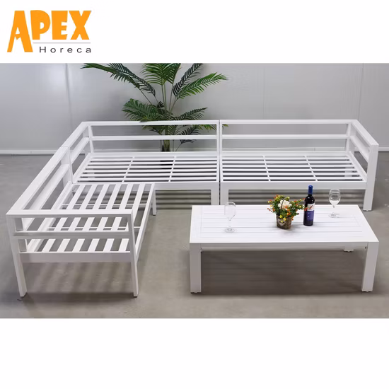 Современный открытый дом, сад, патио, бассейн, металлическая алюминиевая функциональная мебель для отдыха, угловой диван с журнальным столиком